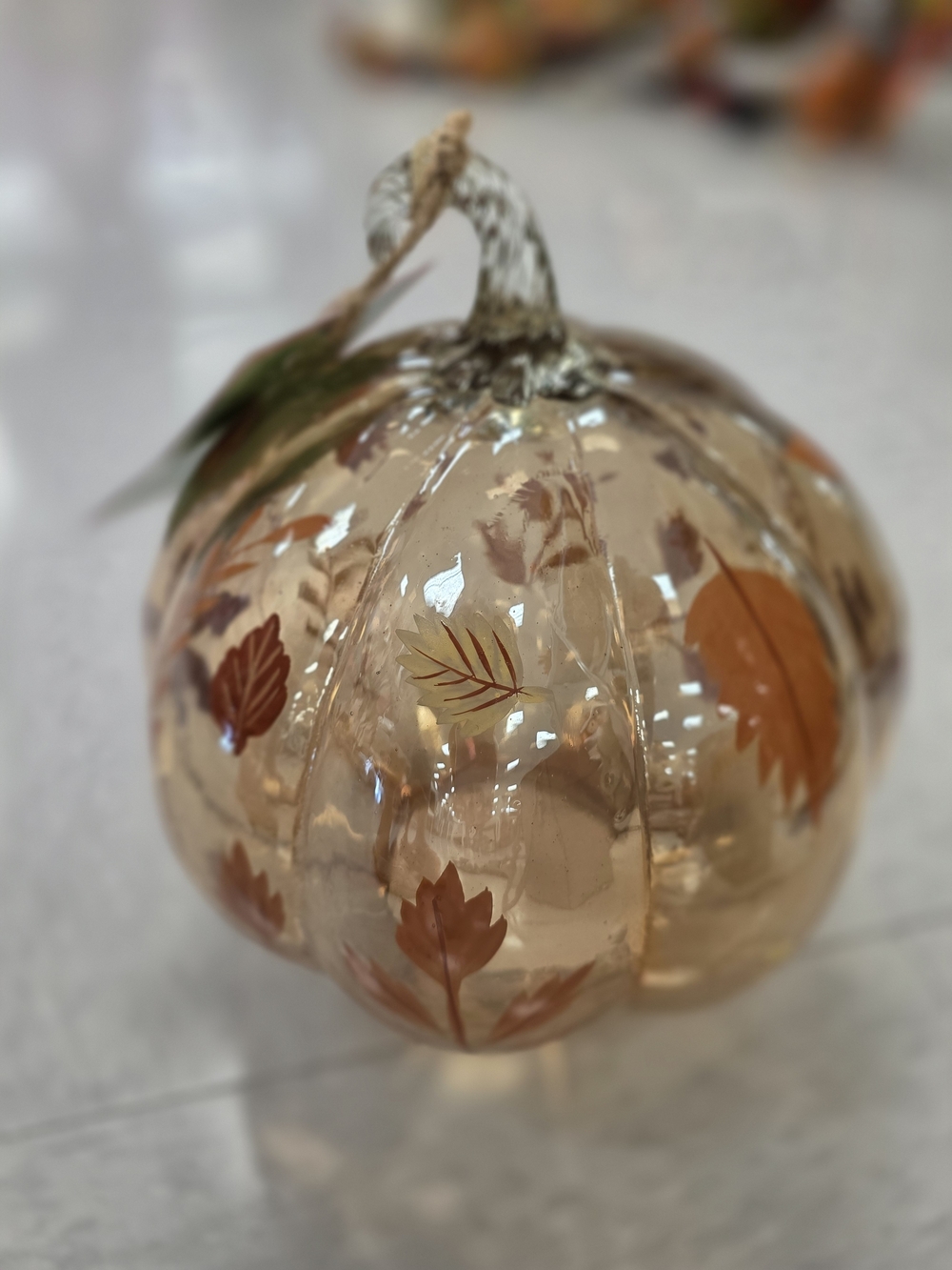 Decorative Glass Pumpkin with Leaf Motif - Beige/Gold-NWT